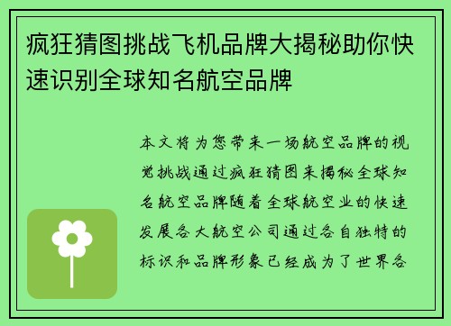 疯狂猜图挑战飞机品牌大揭秘助你快速识别全球知名航空品牌