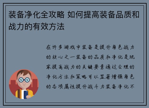 装备净化全攻略 如何提高装备品质和战力的有效方法